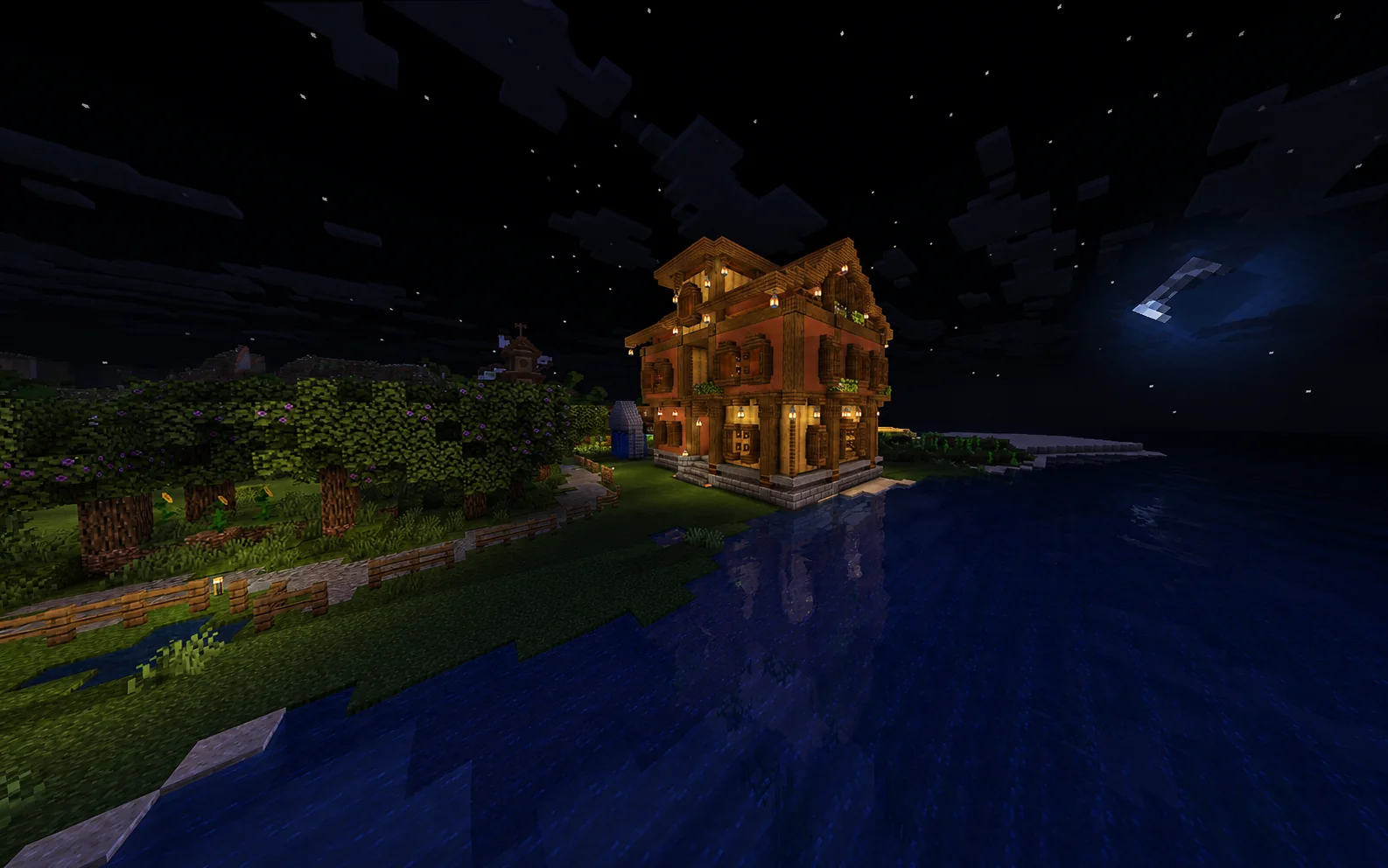 Een door spelers gebouwd huis aan het water in de avond